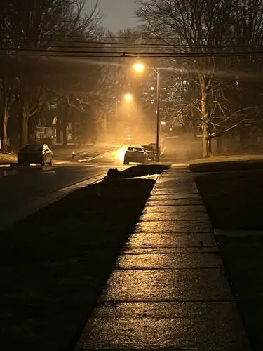 Wet streets reflect the warm glow of a quiet night.